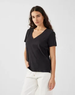 T-shirt col V femme en coton Noir Sonia