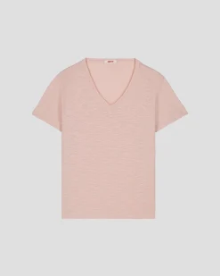 T-shirt col V femme en coton Pêche clair Sonia