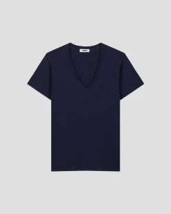 T-shirt uni col V en coton Marine Sofia 2.0