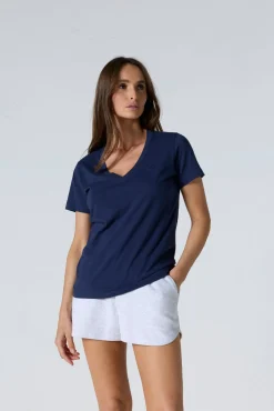 T-shirt uni col V en coton Marine Sofia 2.0