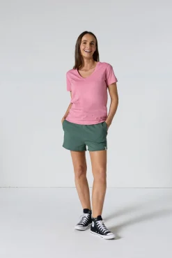 T-shirt uni col V en coton Pink antique Sofia 2.0