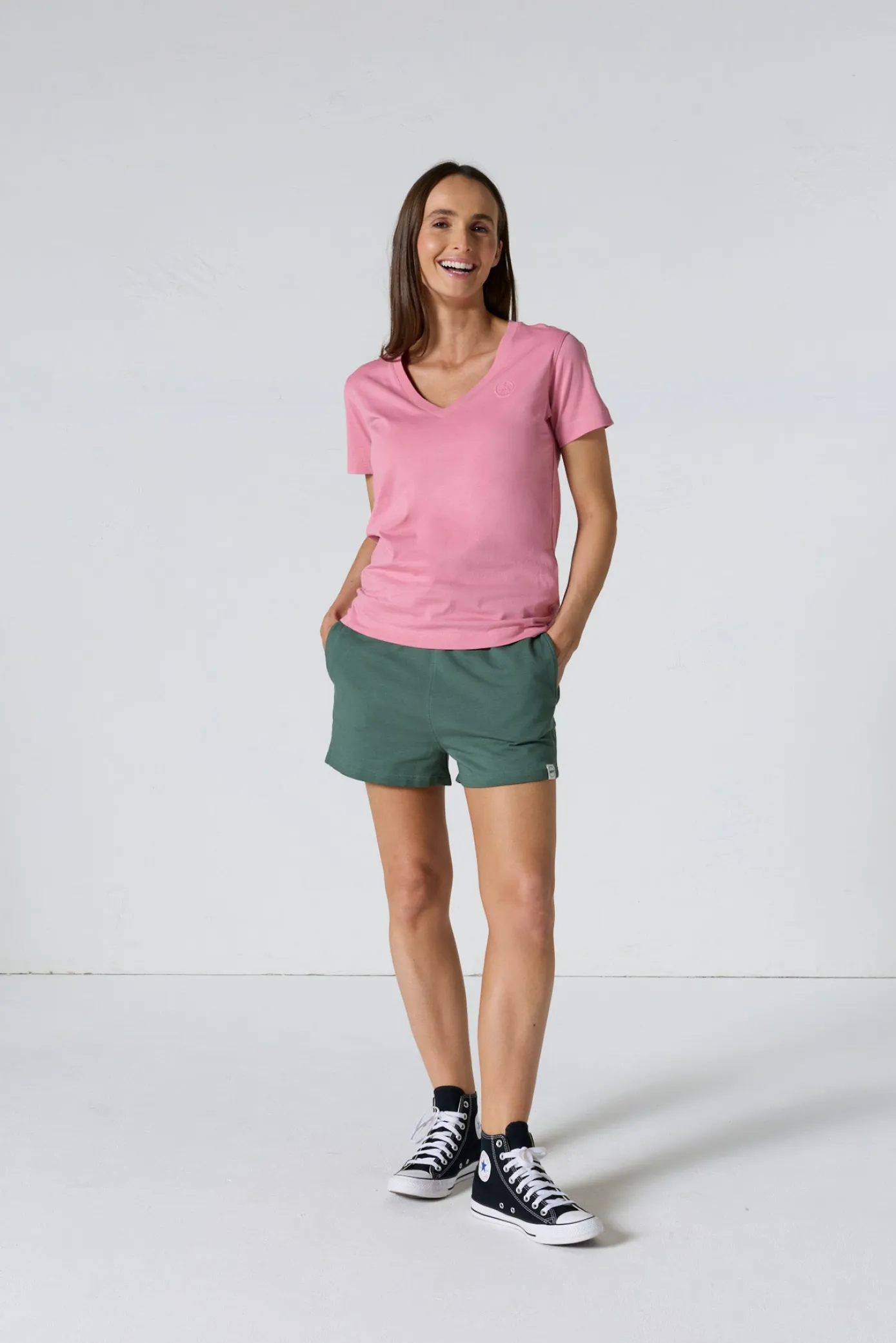 T-shirt uni col V en coton Pink antique Sofia 2.0