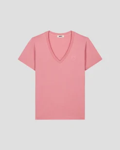 T-shirt uni col V en coton Pink antique Sofia 2.0