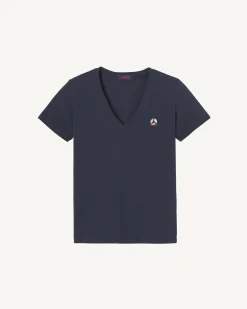 T-shirt uni col V femme en coton biologique Marine Cancun