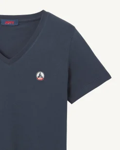 T-shirt uni col V femme en coton biologique Marine Cancun
